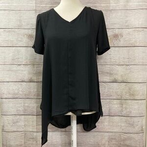 Cato Top Open Back Blouse Size XS Faux Wrap Sheer Asymmetrical Hem